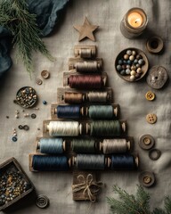 creative Christmas tree made of sewing thread spools, buttons, beads, candle on linen fabric, rustic handmade festive decoration. crafts, design, holiday marketing, DIY brands, winter needlework.