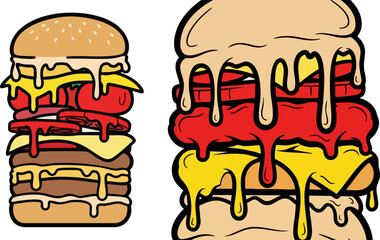 Two cartoon burgers dripping with sauce on a black background food illustration
