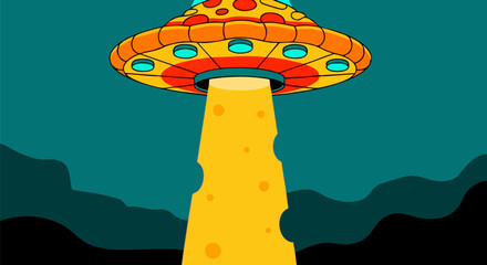 Pizza ufo beaming down cheesy light in a cartoonish and humorous illustration