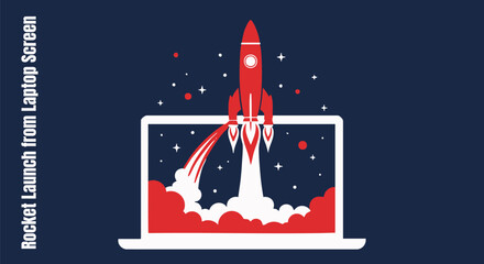 Rocket launching from laptop screen symbolizing innovation and technological advance