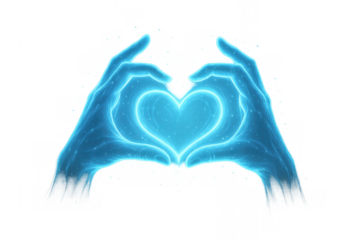 Hands forming a glowing heart shape with blue fractal energy, expressing love and connection on transparent background