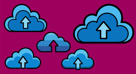 Cloud computing concept showing data upload with arrows on a magenta background