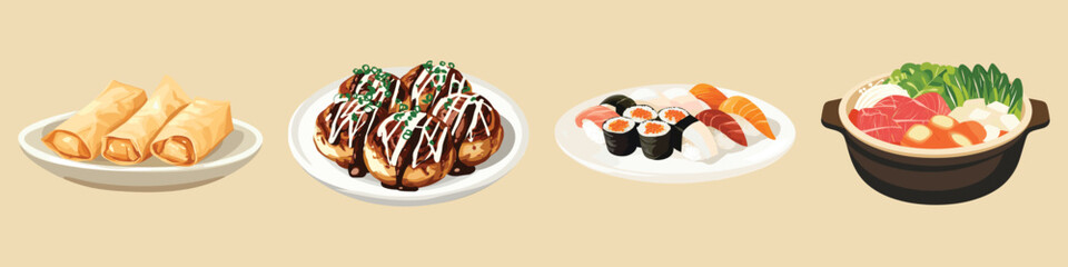 Illustration of Asian dishes: spring rolls, takoyaki, sushi, and hot pot, vector set