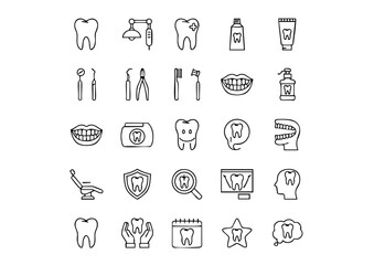 Dental Care Essentials: 25 Vector Icons for Dentistry, Black and White Dentist & Oral Health Icon Set, Thick Line Dentistry Tools: A 25-Icon Collection