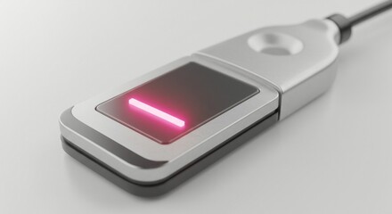 Sleek silver device with a glowing pink indicator light, blending technology and design on a clean white surface.