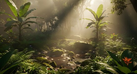 A calm misty morning in a tropical forest clearing, sunlight filtering through dense canopy,