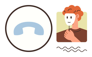 Masked person holding a white mask symbolizing hidden identity or deception near a phone receiver. Ideal for themes thumbs up security, anonymity, miscommunication, fraud, impersonation, privacy