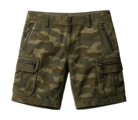 Camouflage cargo shorts featuring zip pockets and belt loops, ideal for outdoor activities.