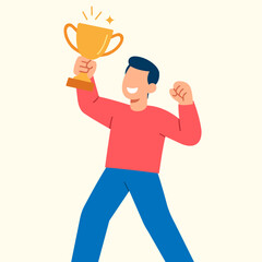 Young Man Celebrating Success Holding Trophy in Flat Corporate Memphis Style Illustration
