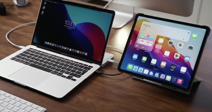 laptop and tablet connected on a wooden desk, showcasing technology and productivity.