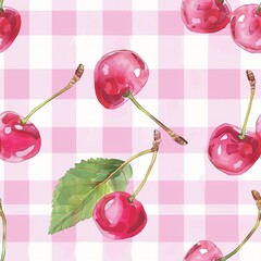 Seamless pattern with cherry berries on plaid on pink plaid background