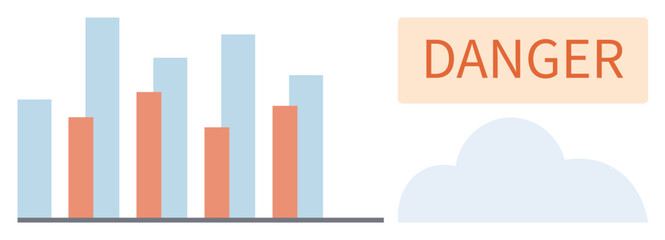Fototapeta premium Bar chart with blue and orange bars, DANGER text in bold, cloud element in background. Ideal for risk assessment, warnings, data analysis, forecasting, caution messages, economic trends simple flat
