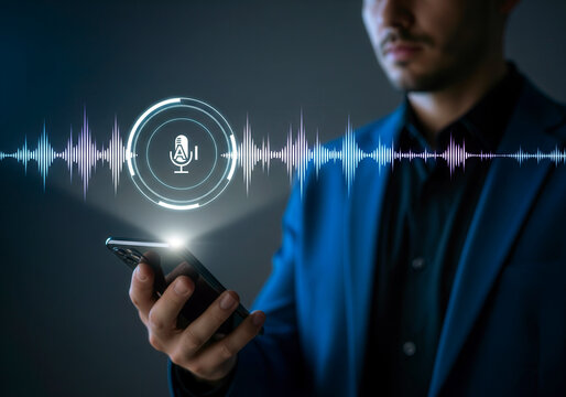 Businessman Using Voice Assistant or Speech Recognition on Smartphone