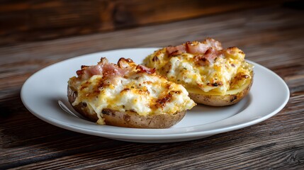 Two halves of baked potato filled with creamy cheese and ham rest on a white plate