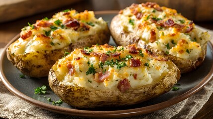 Three freshly baked potatoes stuffed with creamy filling and topped with savory crumbles are served on a dark plate