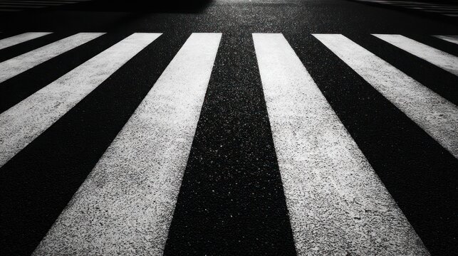 Asphalt crosswalk with parallel white stripes receding into the darkness in black and white