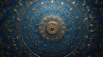 Fototapeta premium Ornate, deep blue ceiling panel with a gold, circular floral motif in the center