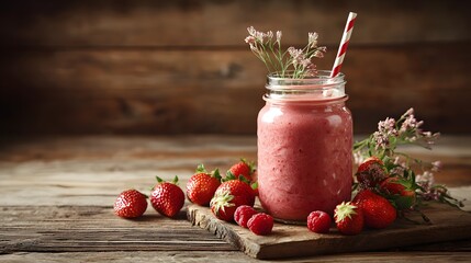 Refreshing pink berry smoothie served in a glass jar with fresh fruit garnish on rustic wood