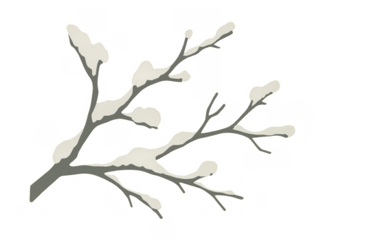 Minimalist snow covered tree branch creating a winter nature scene concept against a transparent background