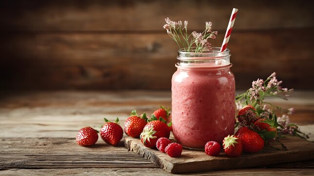 Refreshing pink berry smoothie served in a glass jar with fresh fruit garnish on rustic wood - Powered by Adobe