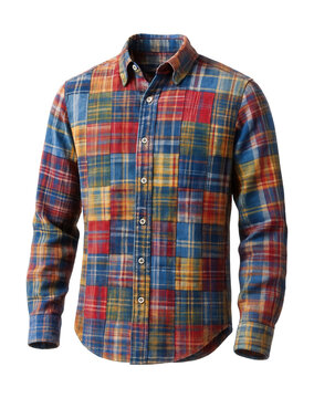 Colorful patchwork plaid shirt featuring diverse patterns and hues.