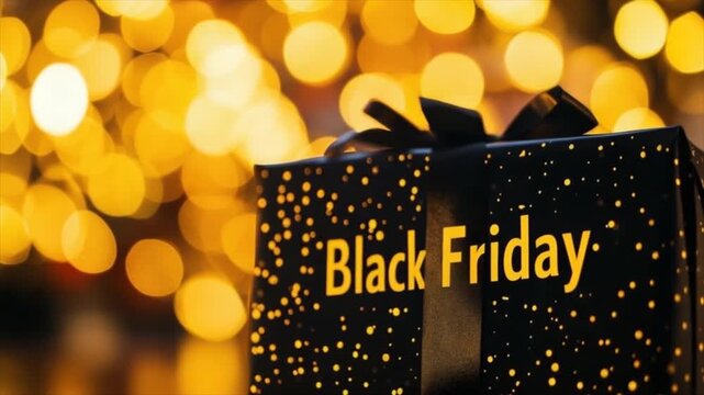 Black Friday text on a gift box with a ribbon against golden bokeh background. Discount store sale concept
