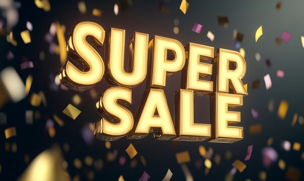Golden super sale 3d text floating amidst falling confetti, symbolizing a major retail offer and special marketing event