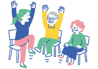 Men and women doing calisthenics at a senior care facility