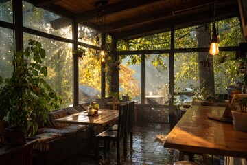 Fototapeta premium cozy café near forest after rain, misty air and gentle sunbeam through window