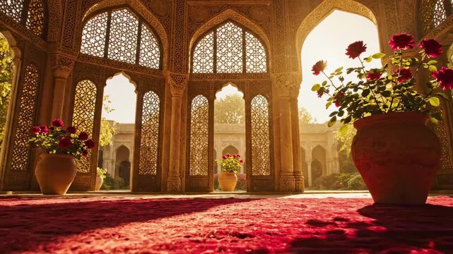 persian architecture | A serene interior view showcasing intricate lattice work, ornate pillars, and potted flowers, bathed in warm sunlight, creating a tranquil and inviting atmosphere