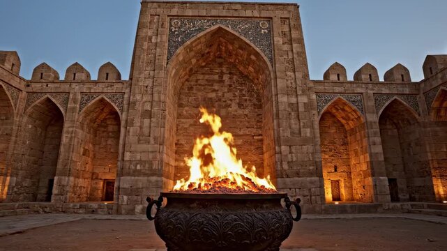 persian architecture | A mesmerizing view of a large fire blazing in a decorative cauldron, set within an ancient stone structure with intricately designed arches and warm evening light