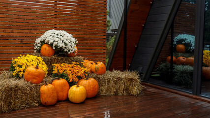 Autumn harvest display with pumpkins, mums, and hay bales