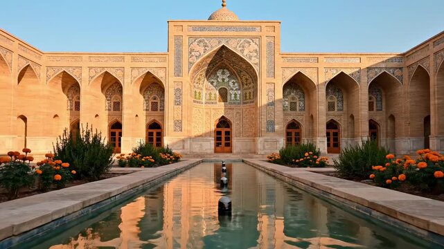 persian architecture | A stunning courtyard featuring intricate Islamic architecture, with elegant arches, a tranquil reflecting pool, vibrant flowers, and warm sunlight illuminating the scene