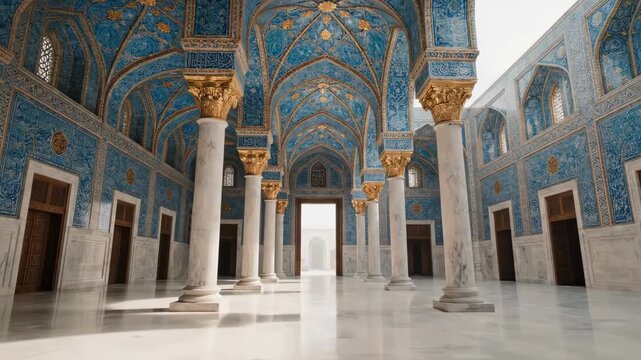 persian architecture | A grand interior space featuring magnificent blue tiled walls, intricately decorated arches, and marble columns, creating a serene and opulent atmosphere