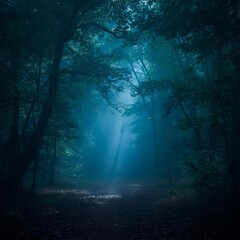 Fototapeta premium Enchanted Forest with Blue Mist – magical and mysterious atmosphere.
