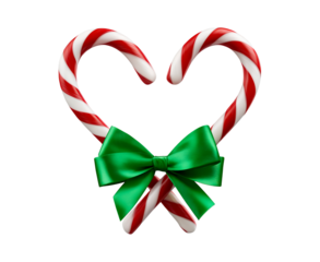 Festive christmas candy cane heart decoration with green bow for holiday design on transparent background