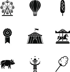 Fototapeta premium Funfair icons set. Includes Ferris wheel, hot air balloon, corn dog, award ribbon, circus tent, carousel, pig, clown, and cotton candy