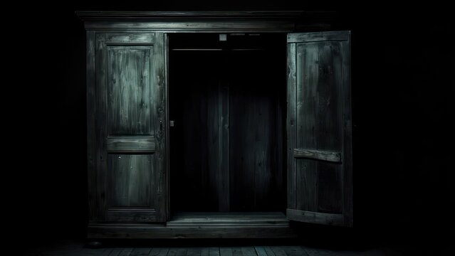 Spooky Old Wooden Wardrobe with Open Doors in a Dark Room.