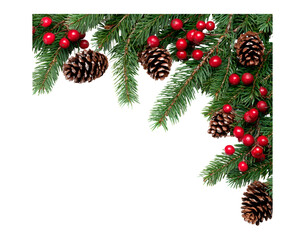 Festive christmas border with evergreen branches, pine cones, and red berries on transparent background