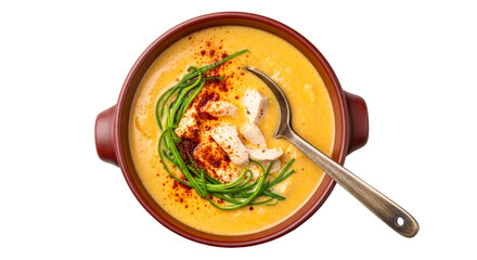 hot garlic chicken soup or stew curry garnish with green garlic, spice, cream in bowl with spoon, top view, cutout transparent background, png format 
