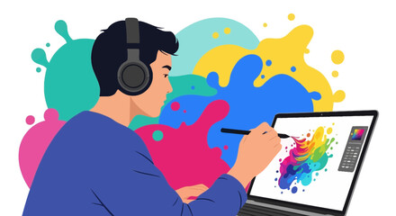 Creative designer working on a laptop with colorful splash art design