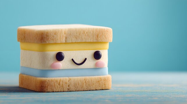 Adorable layered food creation displays a cheerful facial expression against a bright backdrop
