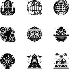 Modern black flat icons illustrating global concepts