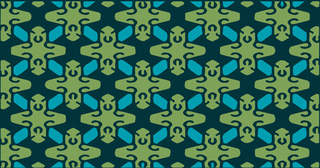 Seamless colorful geometric pattern in green and blue hues with abstract symmetric shapes, vibrant modern background.