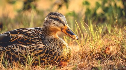 Detailed close up captures a wild duck resting in sunlit, dry foliage