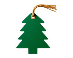 Green christmas tree tag with twine for gift wrapping and holiday decoration on transparent background