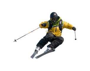 Fototapeta premium Dynamic action of skier in yellow attire flying mid-air on transparent background