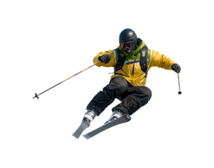 Dynamic action of skier in yellow attire flying mid-air on transparent background