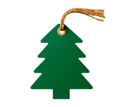 Green christmas tree tag with twine for gift wrapping and holiday decoration on transparent background