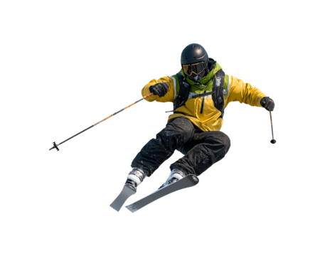 Dynamic action of skier in yellow attire flying mid-air on transparent background